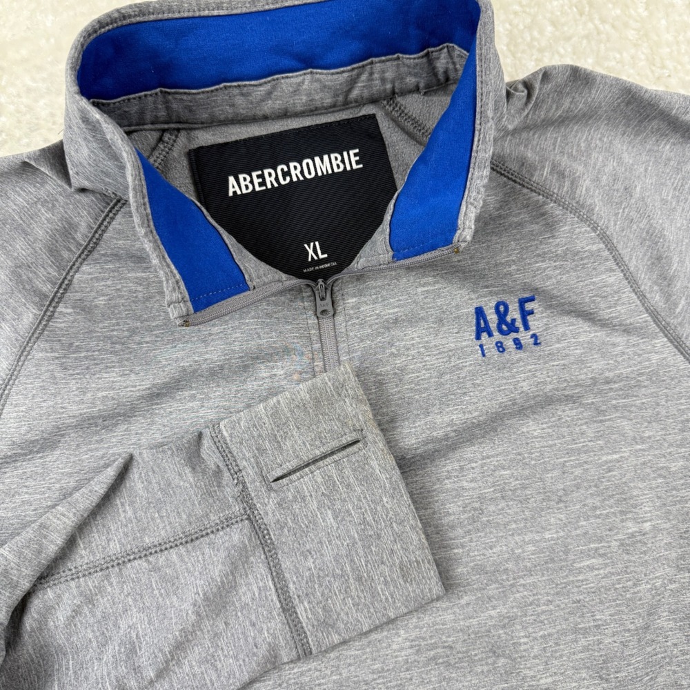 Abercrombie & Fitch Men XL Gray Heather Quarter Zip Pullover Thumbhole 1892 Logo